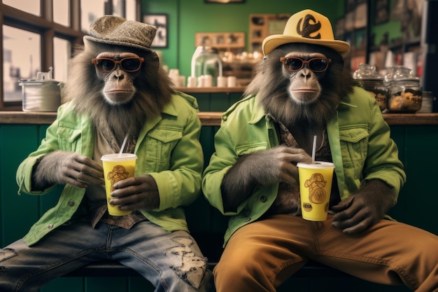 Two cute monkeys dressed like hipsters are indoors Beautiful illustration picture Generative AI