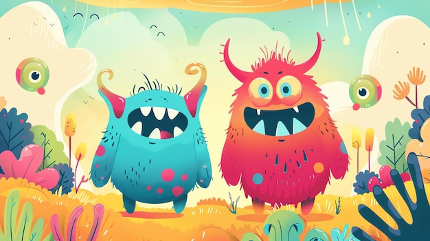 Photo two cute monsters one blue and one red are standing in a colorful field the blue monster has three eyes and the red monster has two eyes