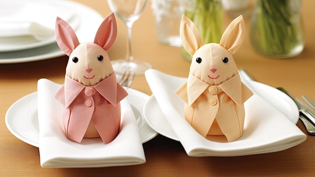 2匹の可愛いナプキンウサギが皿の上に座っていますナプキンは折りたたまれたナプキンのものでピンクと黄色のボタンアップシャツを着ています