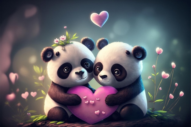 Two cute pandas in love hearts romantic Generative Ai