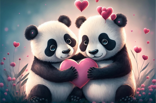 Foto due simpatici panda innamorati cuori romantici generative ai