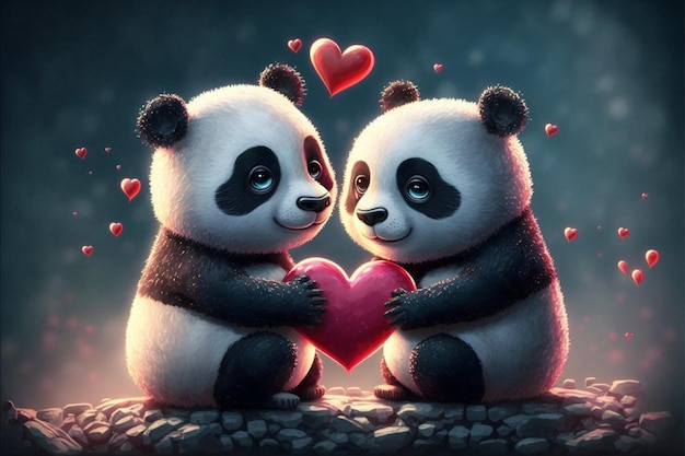 Two cute pandas in love hearts romantic Generative Ai
