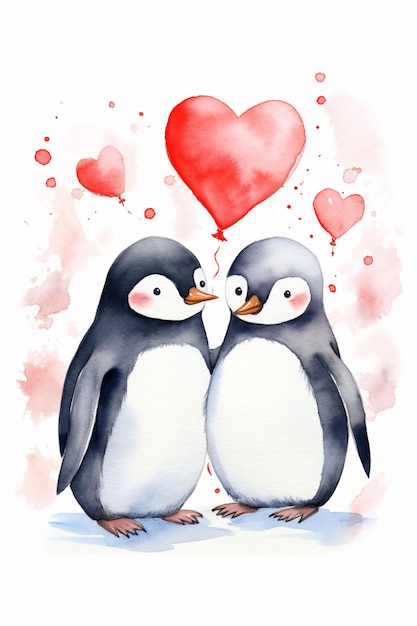 two cute penguin holding a heart balloon