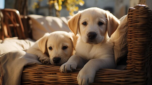 ベンチに座っている2匹のかわいい子犬