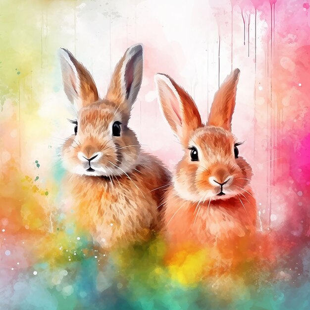 Photo two cute rabbits on a blue background digital watercolor painting ai generated