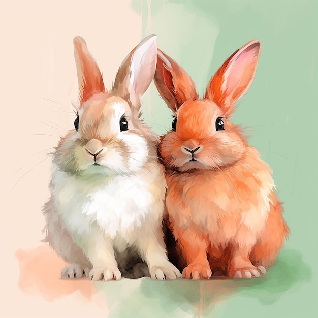 Photo two cute rabbits on a blue background digital watercolor painting ai generated