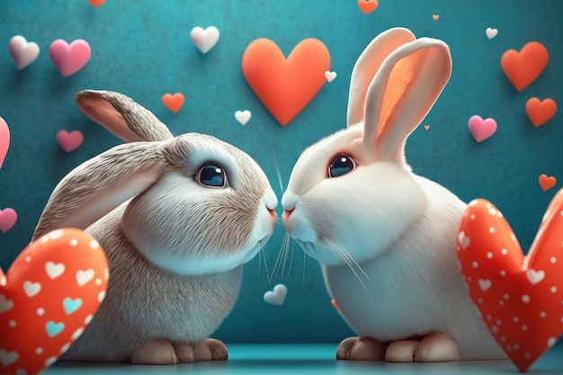 Two cute rabbits in cartoon style holds a heart in his hands happy valentine's day the hare smiles ai generative
