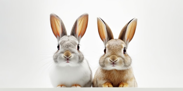 Two Cute Rabbits Standing Together on a White Background