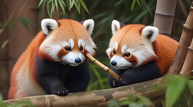 Две милые красные панды вместе наслаждаются бамбуком