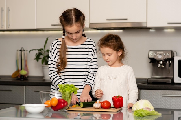 Two cute sisters' girls cut a salad from fresh vegetables Healthy food Childhood