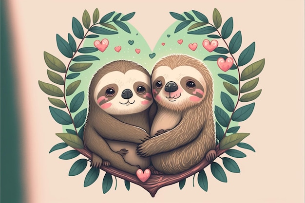 Photo two cute sloth in love hearts romantic generative ai