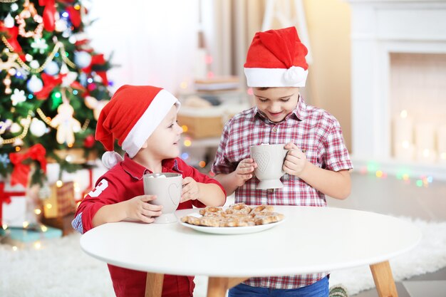 クリスマスの装飾面でクッキーを食べる2人のかわいい弟