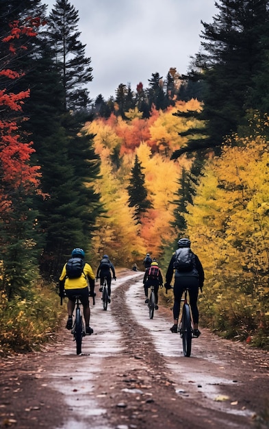 Two cyclists riding along an autumn forest road back view wellness and sport activity in autumn