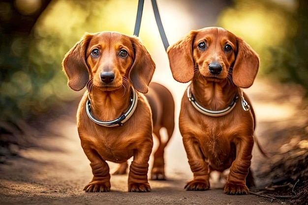 Two dachshund dog on leash for walk in park generative ai illustration