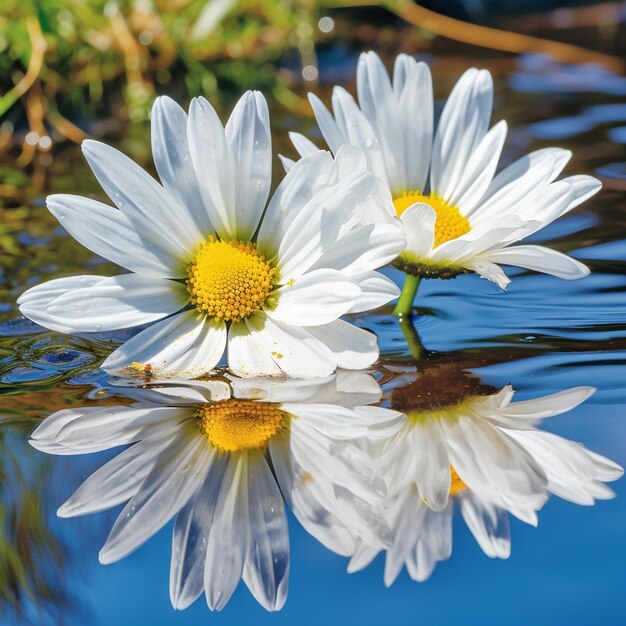 Two daisies are reflected in the water