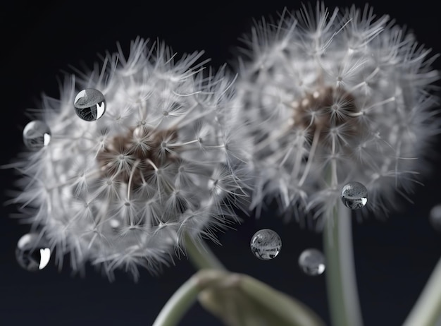 Two dandelions with water droplets on them generative ai image