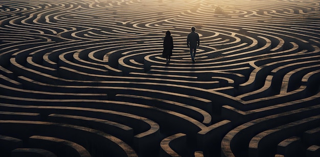 Two dark figures stand on the path leading to the center of the giant maze