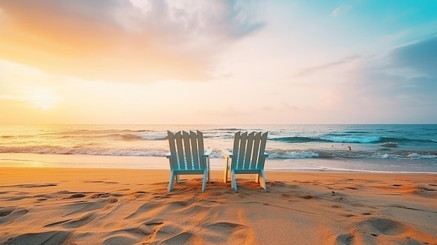 Фото Два шезлонга для загорания на пляже с видом на закат красивого красочного заката