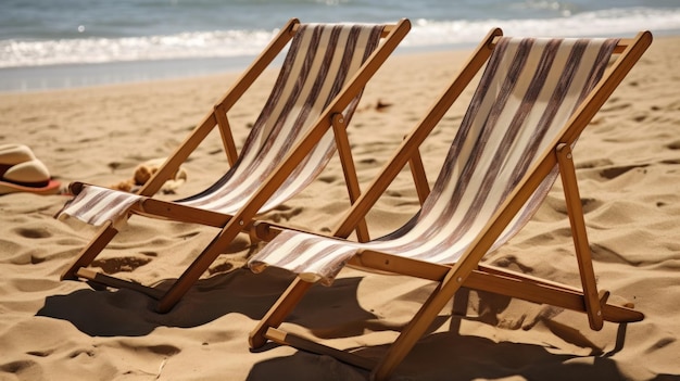 Two deck chairs and hat relaxing on the beach sunny Generative ai