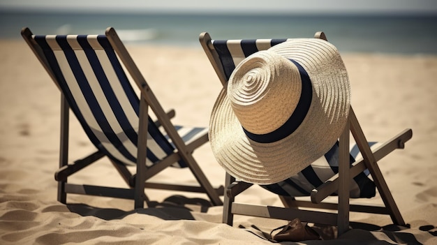 야외용 데크 의자 2개와 햇살 가득한 해변에서 휴식을 취하는 모자 Generative ai
