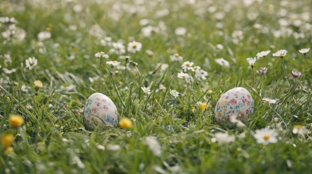 Two Decorated Easter Eggs Among Daisies