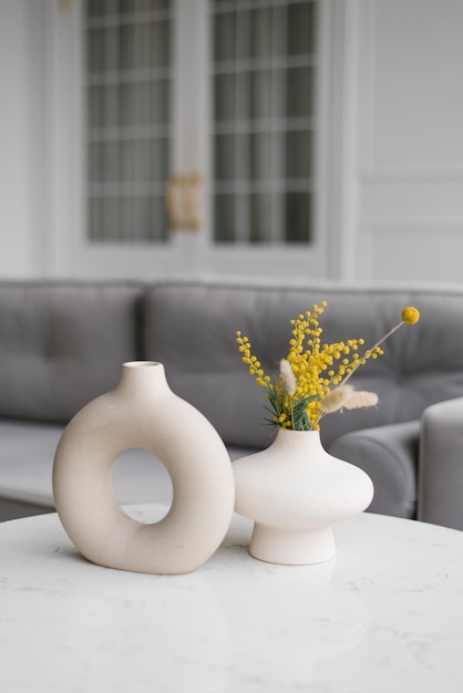 Two decorative ceramic modern round mimosa vases with a hole inside on the table in the living room