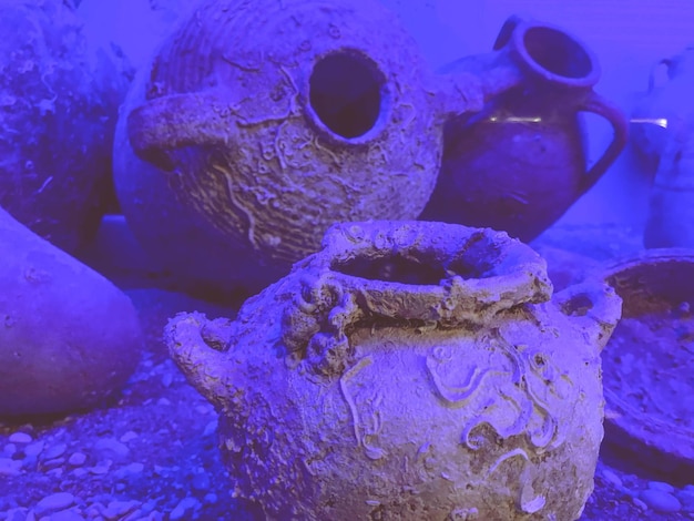 難破後に沈んだ古代世界の 2 つの装飾的な水差し水中海の世界の装飾的な陶器