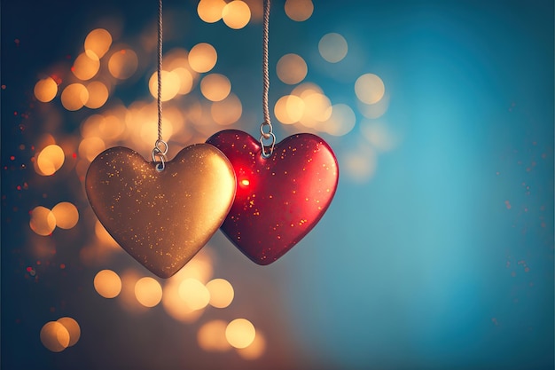 Photo two decorative red hearts hanging on blue and golden light bokeh background