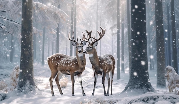 two deer in a forest with snow covered trees