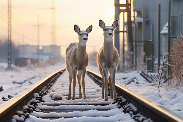 two deer standing on a train track in the snow