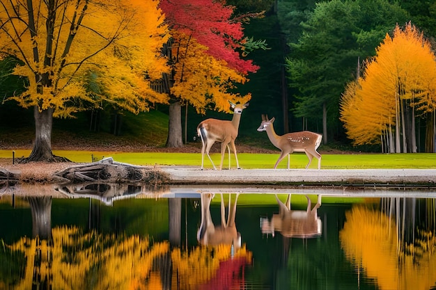 Two deer walk by a lake with autumn leaves in the background.