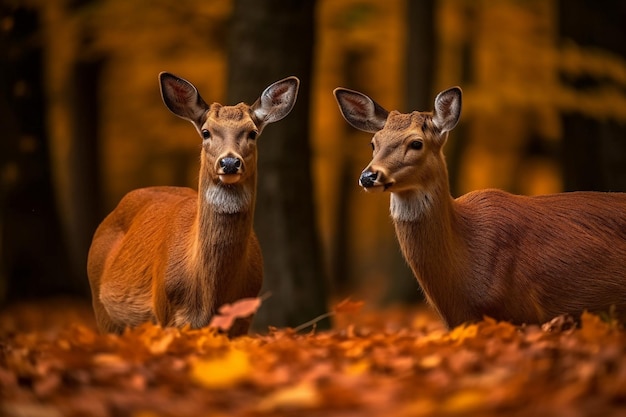 Two deer in the woods with autumn leaves on the ground