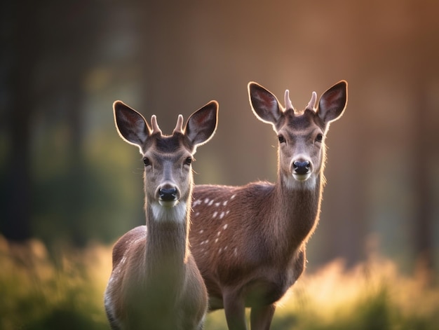 Two deers in a forest with the sun shining on them