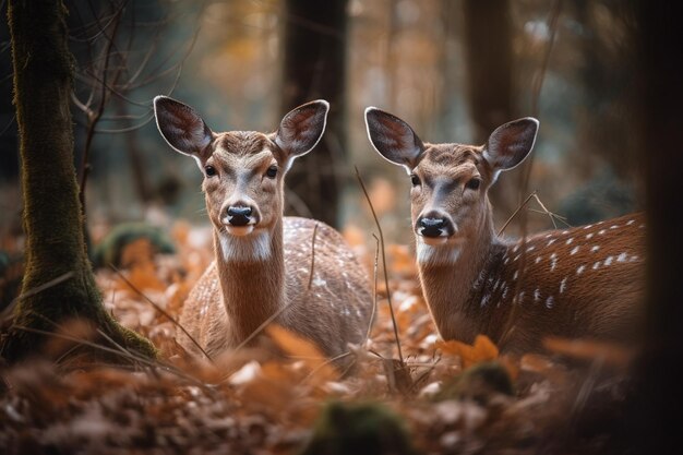 Two deers in the woods with their ears pointed up