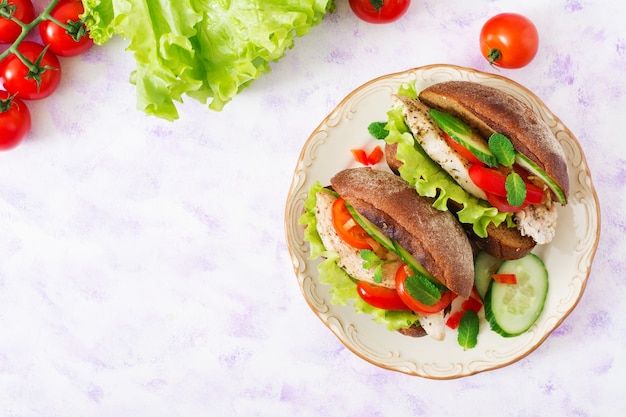 Two delicious and healthy sandwich hot dog with chicken and vegetables.