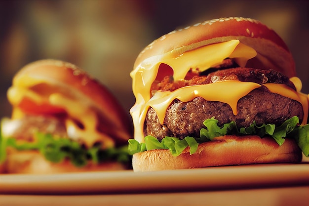 Two delicious homemade burger with beef cheese and vegetables