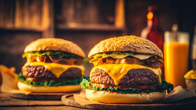 two delicious homemade burgers of beef cheese