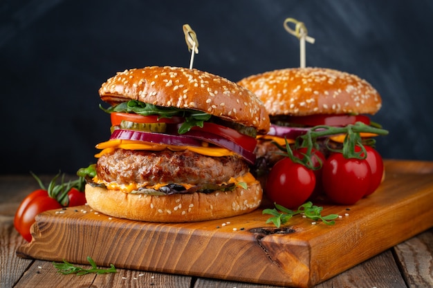 Two delicious homemade burgers of beef