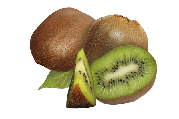 Two delicious kiwi fruits with a half and two slices on an isolated white background