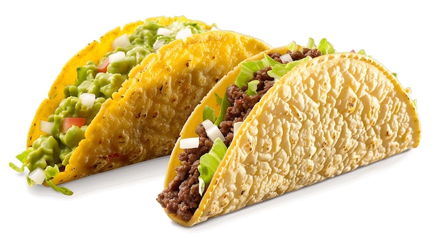 Two delicious tacos with ground beef lettuce tomato onion and guacamole Isolated on a white background