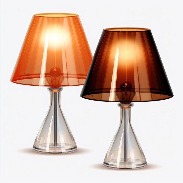 Two designer transparent table lamps with orange and brown lampshades