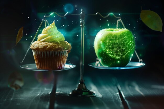 Two desserts a cupcake and an apple are placed on a scale