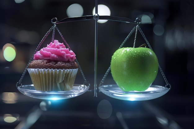 Two desserts a cupcake and an apple are placed on a scale