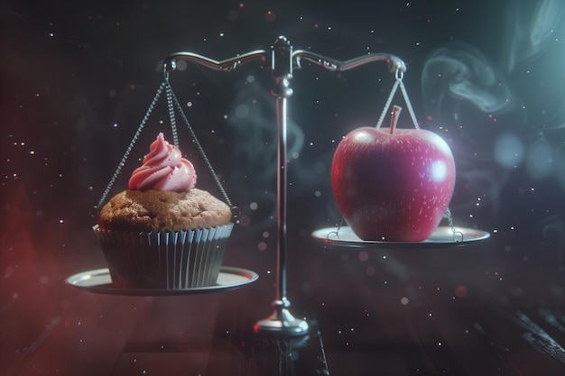 Two desserts a cupcake and an apple are placed on a scale