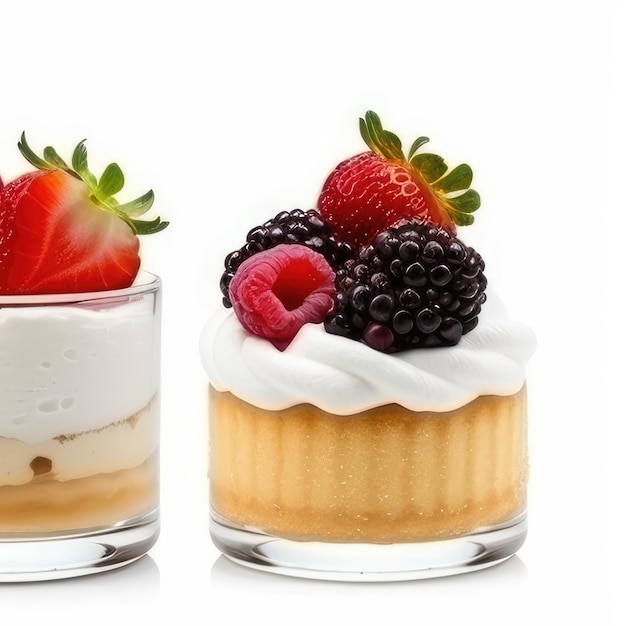 Два десерта с ягодами и тортик поверх них.