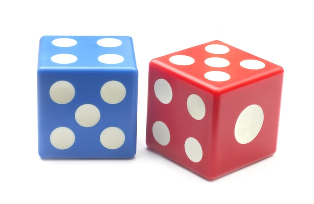 Two dices with selective focus over white background