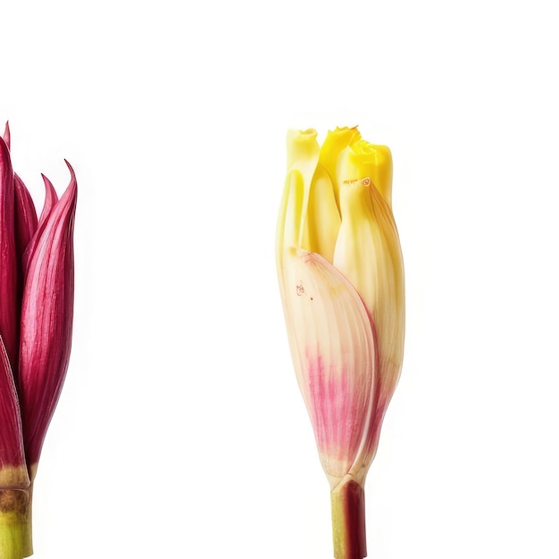 Photo two different colored flowers, one of which has the yellow top.