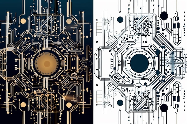 Два разных изображения электронных плат с золотым и черным дизайном, генерирующим ai