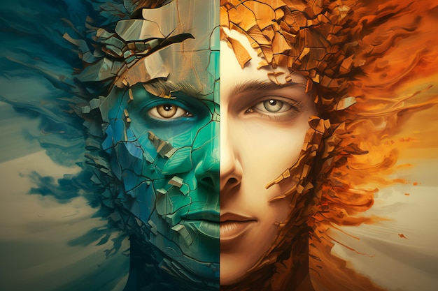 Two different parts of a person's face art Concept of bipolar disorder human mental health AI Gen