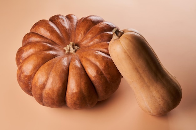 Two different whole ripe pumpkin closeup orange background